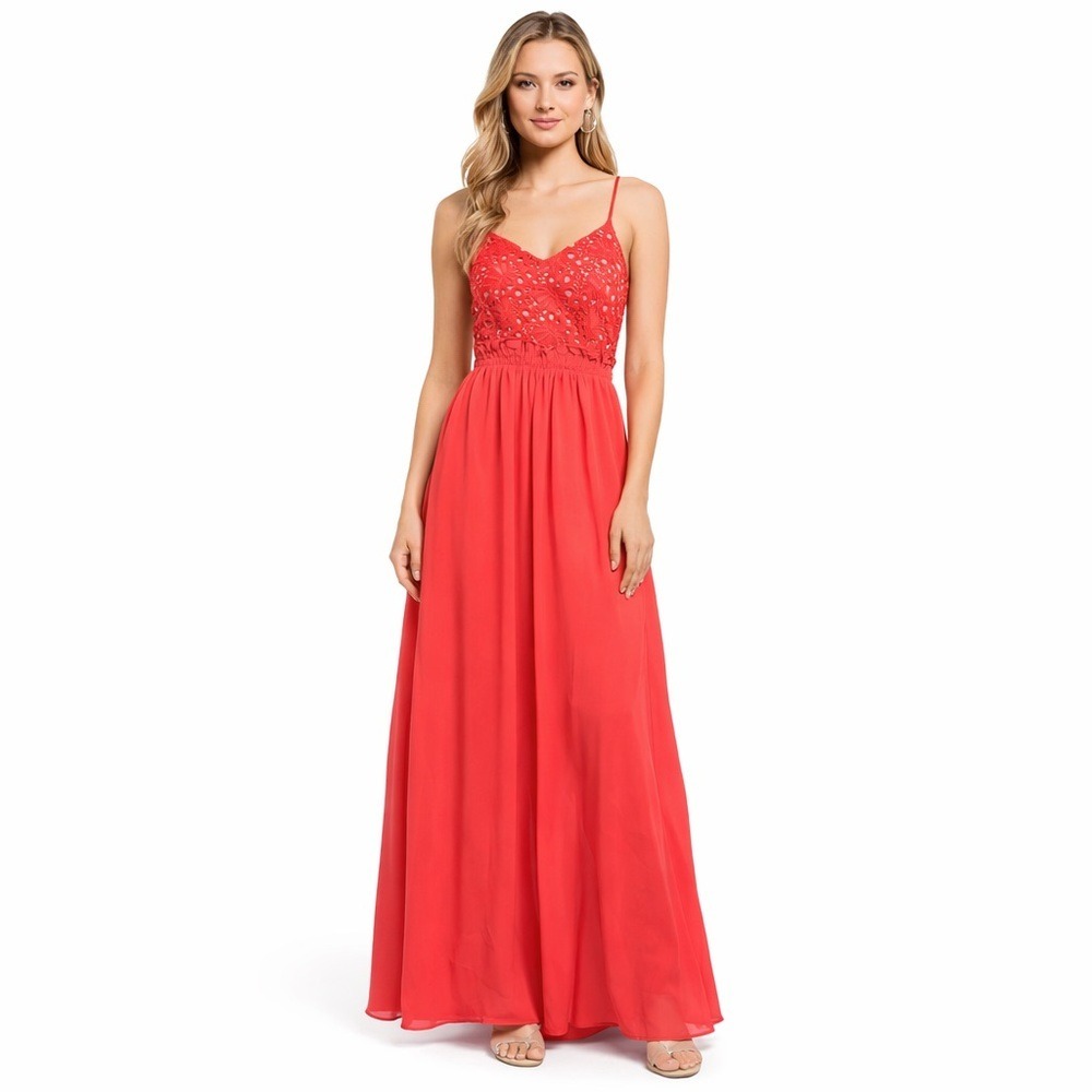 Katia Coral Red Crochet Lace Bodice Open Back‎ Chiffon Maxi Dress Size Medium